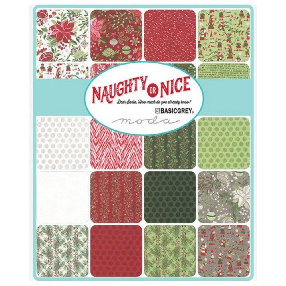 Moda Naughty or Nice Jelly Roll BasicGrey Christmas Fabric Strips Red Green Grey